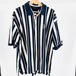 Vintage 90s Tommy Hilfiger Navy White Striped Cotton Golf Polo Shirtc